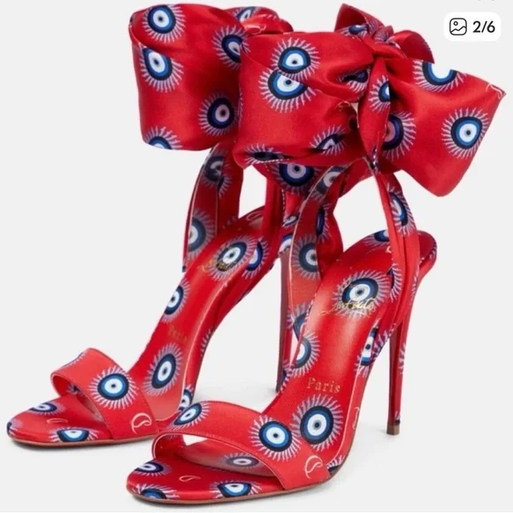 Christian Louboutin Red Satin Eye-Print Bow Stiletto Sandals - Picture 2 of 6